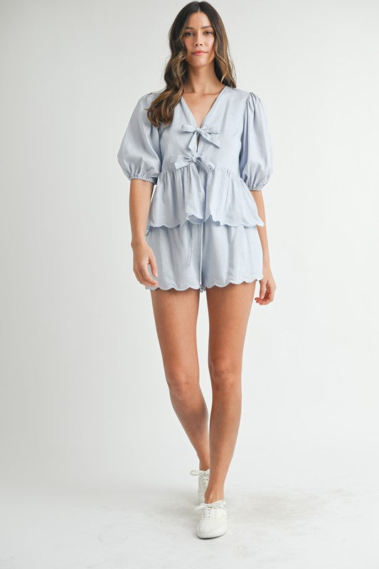 Blue Scallop Hem Top & Shorts Set