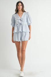 Blue Scallop Hem Top & Shorts Set