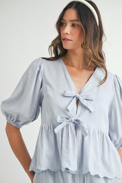 Blue Scallop Hem Top & Shorts Set