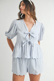 Blue Scallop Hem Top & Shorts Set