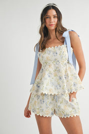 Cream Floral Top & Shorts Set