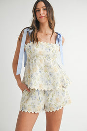 Cream Floral Top & Shorts Set