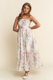 Spring Floral Strapless Midi Dress