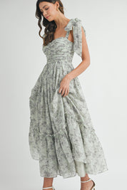 Blue Floral Ruched Midi Dress