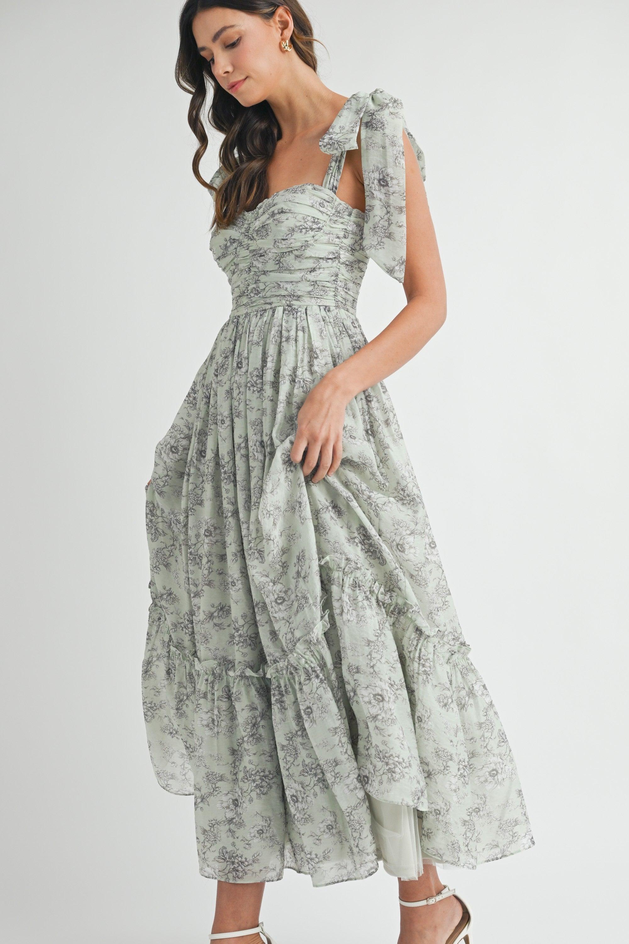 Blue Floral Ruched Midi Dress