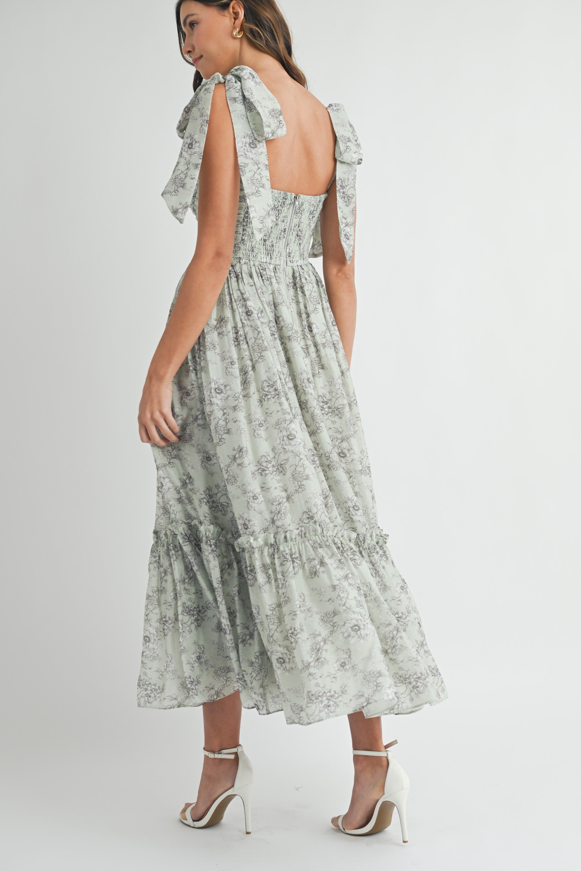 Blue Floral Ruched Midi Dress