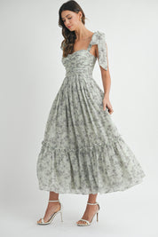 Blue Floral Ruched Midi Dress
