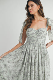 Blue Floral Ruched Midi Dress