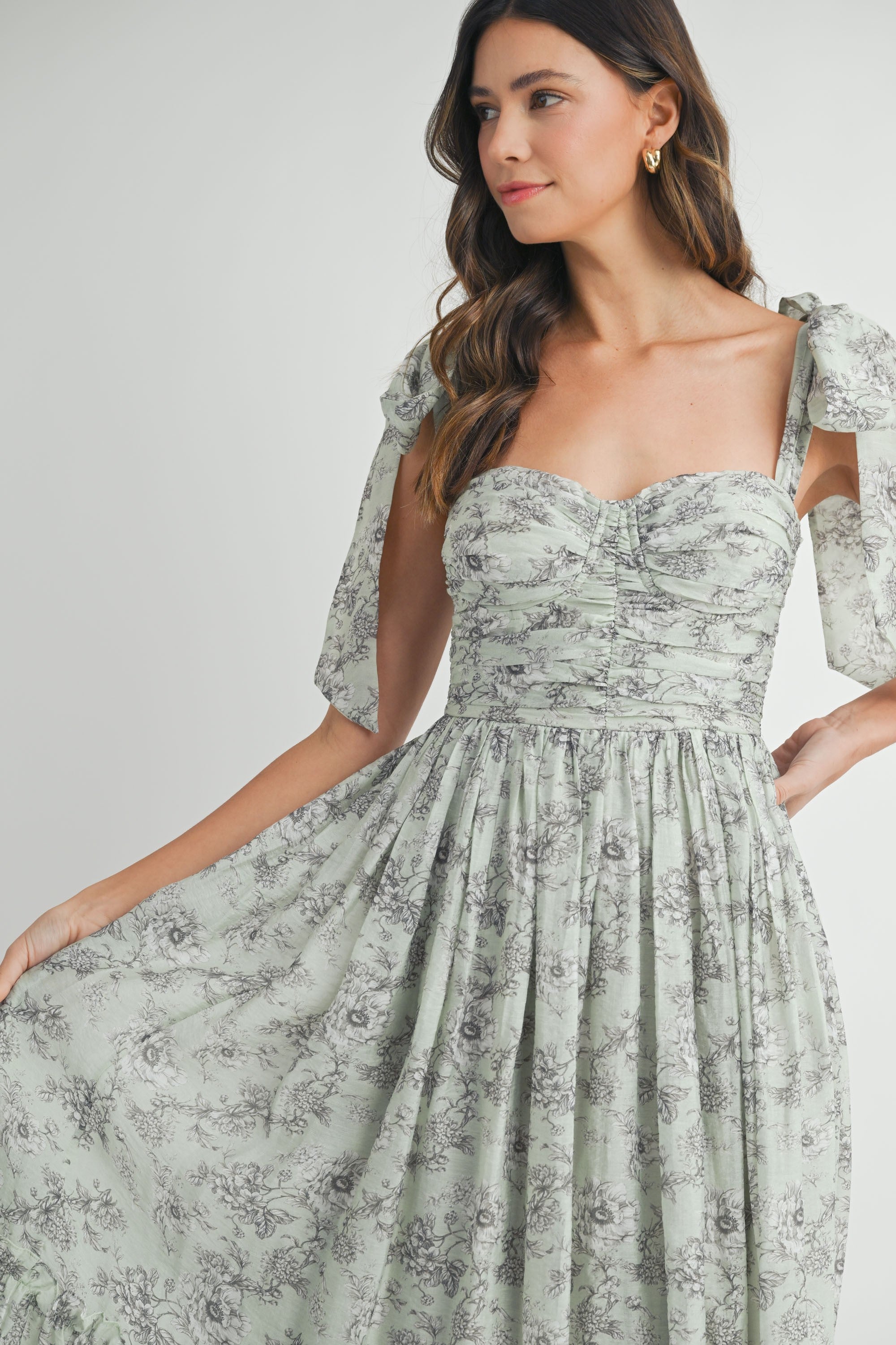 Blue Floral Ruched Midi Dress