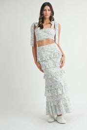 Blue Lace Up Floral Top & Skirt Set