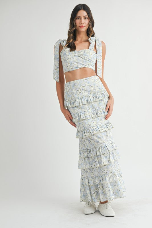Blue Lace Up Floral Top & Skirt Set