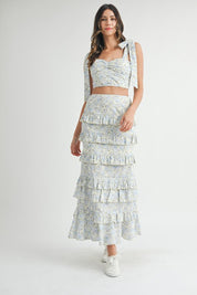 Blue Lace Up Floral Top & Skirt Set