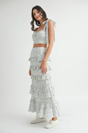 Blue Lace Up Floral Top & Skirt Set
