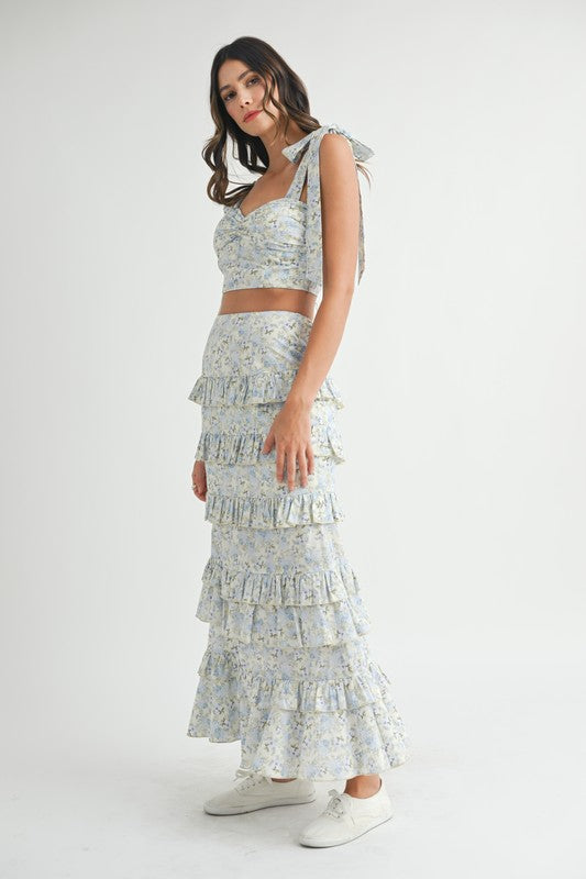 Blue Lace Up Floral Top & Skirt Set