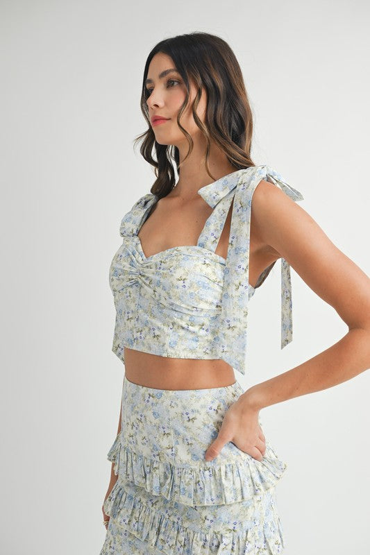Blue Lace Up Floral Top & Skirt Set
