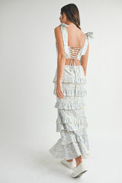Blue Lace Up Floral Top & Skirt Set