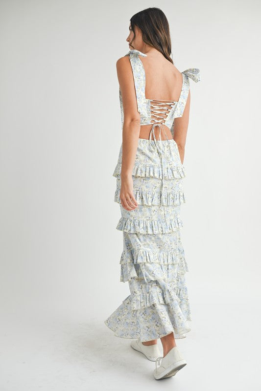 Blue Lace Up Floral Top & Skirt Set