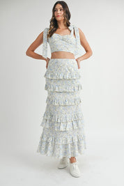 Blue Lace Up Floral Top & Skirt Set