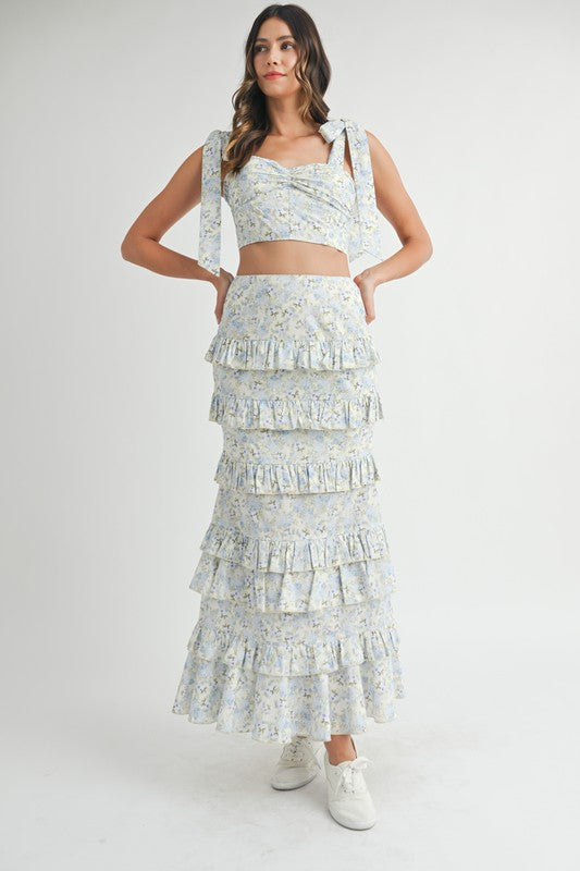 Blue Lace Up Floral Top & Skirt Set