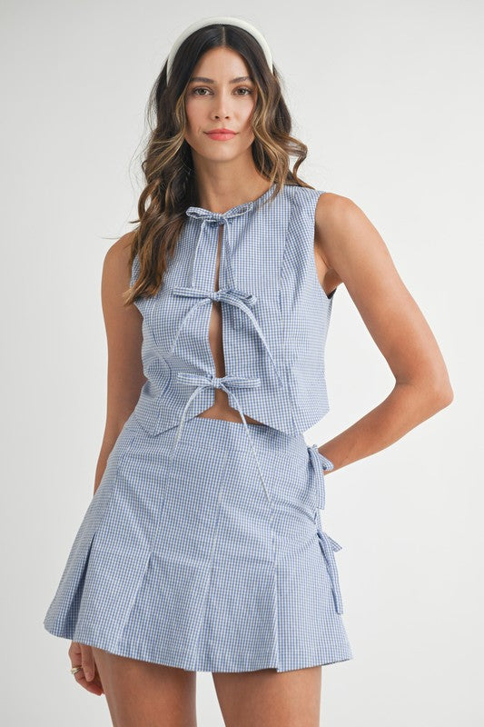 Blue & White Gingham Tie Front Set