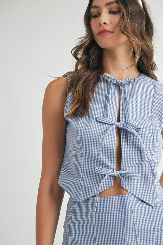 Blue & White Gingham Tie Front Set