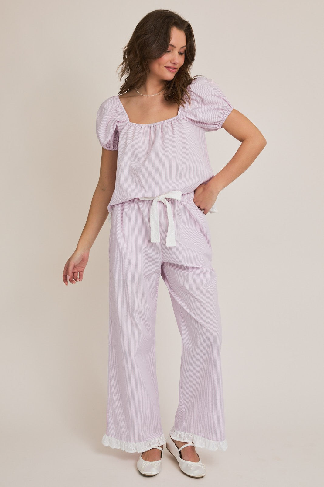 Lavender & White Puff Sleeve Pajamas