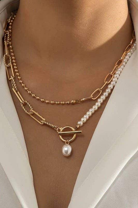 PEARL MIX DOUBLE LAYER TOGGLE NECKLACE | 40NK9460: Gold