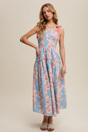 Blue Floral Ribbon Midi Dress