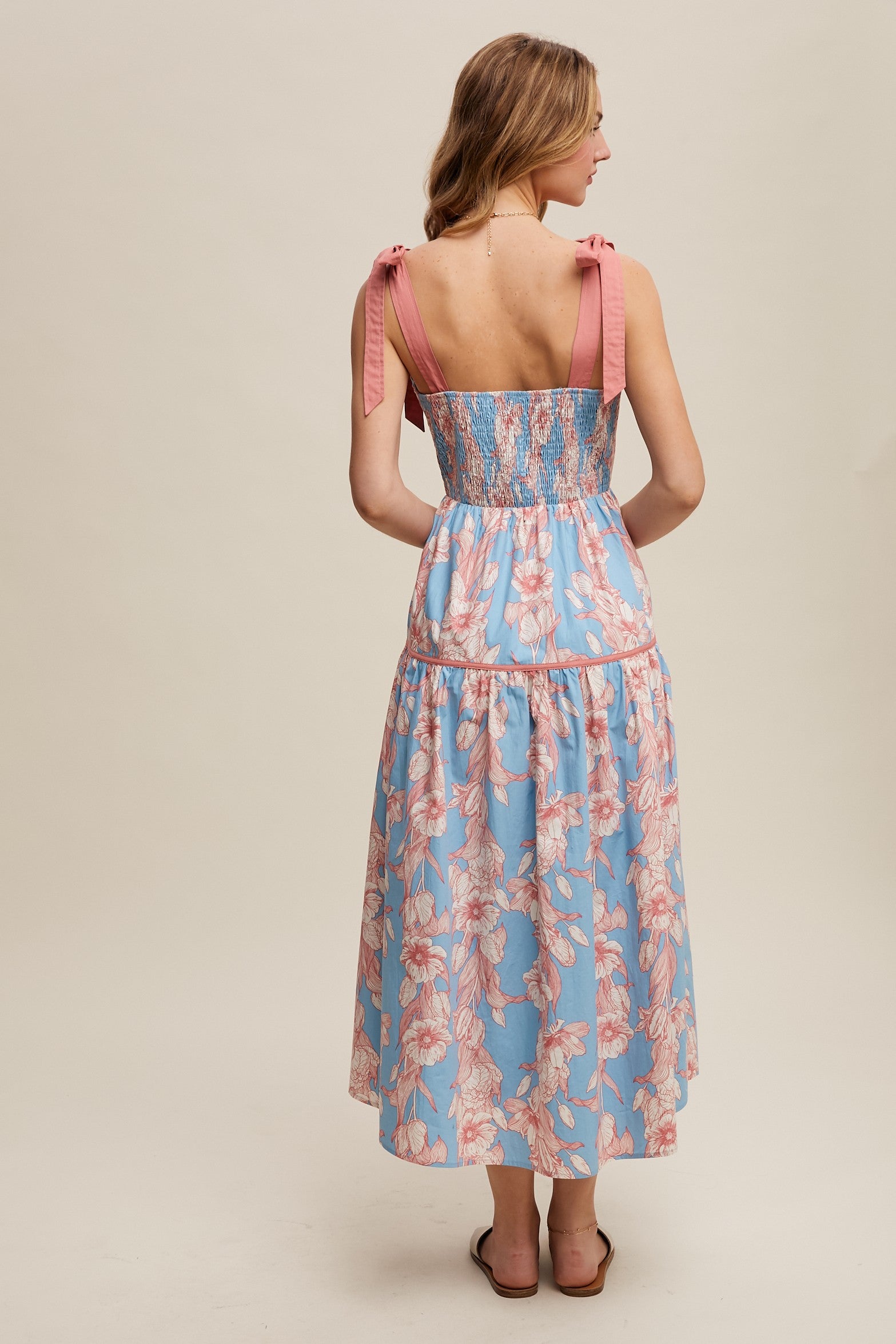 Blue Floral Ribbon Midi Dress