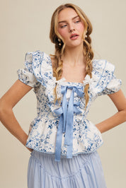 Blue Floral Ruffle Blouse