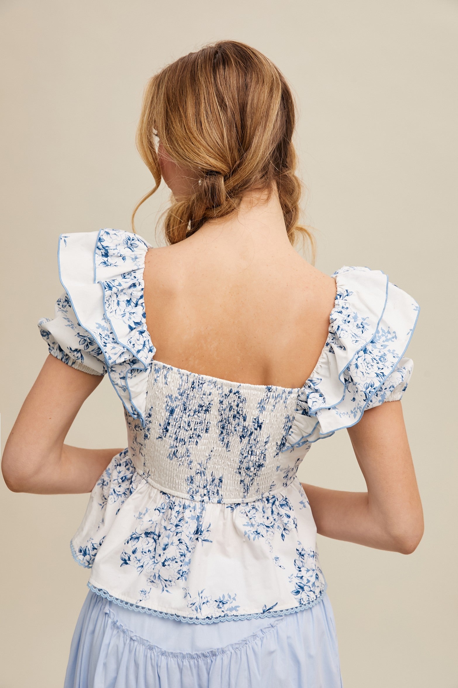 Blue Floral Ruffle Blouse