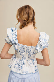 Blue Floral Ruffle Blouse