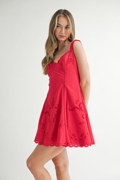Red Cutout Lace Embroidered Mini Dress
