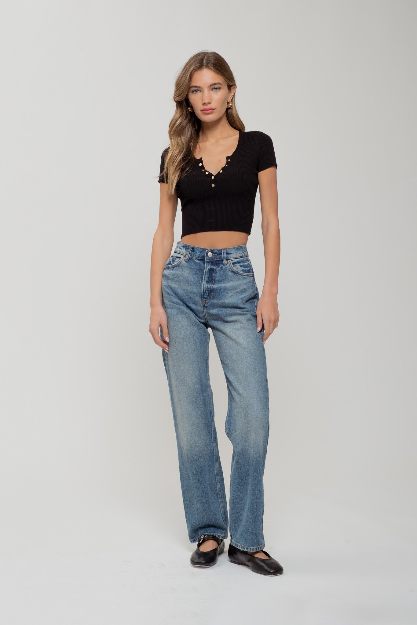 Black Snap Button Crop Top