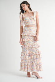 Coral Pink Floral Ruffle Skirt Set