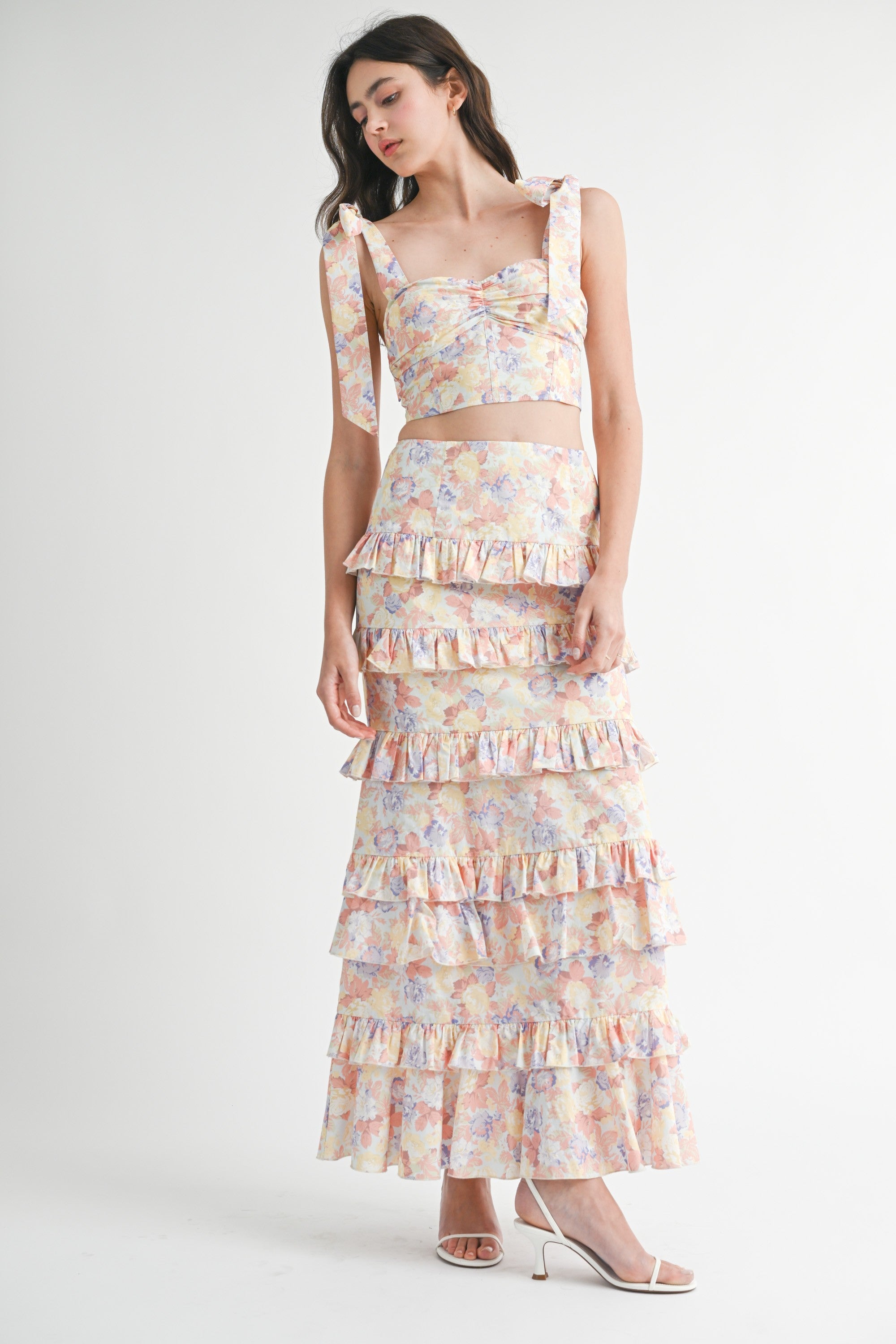 Coral Pink Floral Ruffle Skirt Set