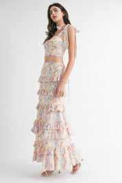 Coral Pink Floral Ruffle Skirt Set