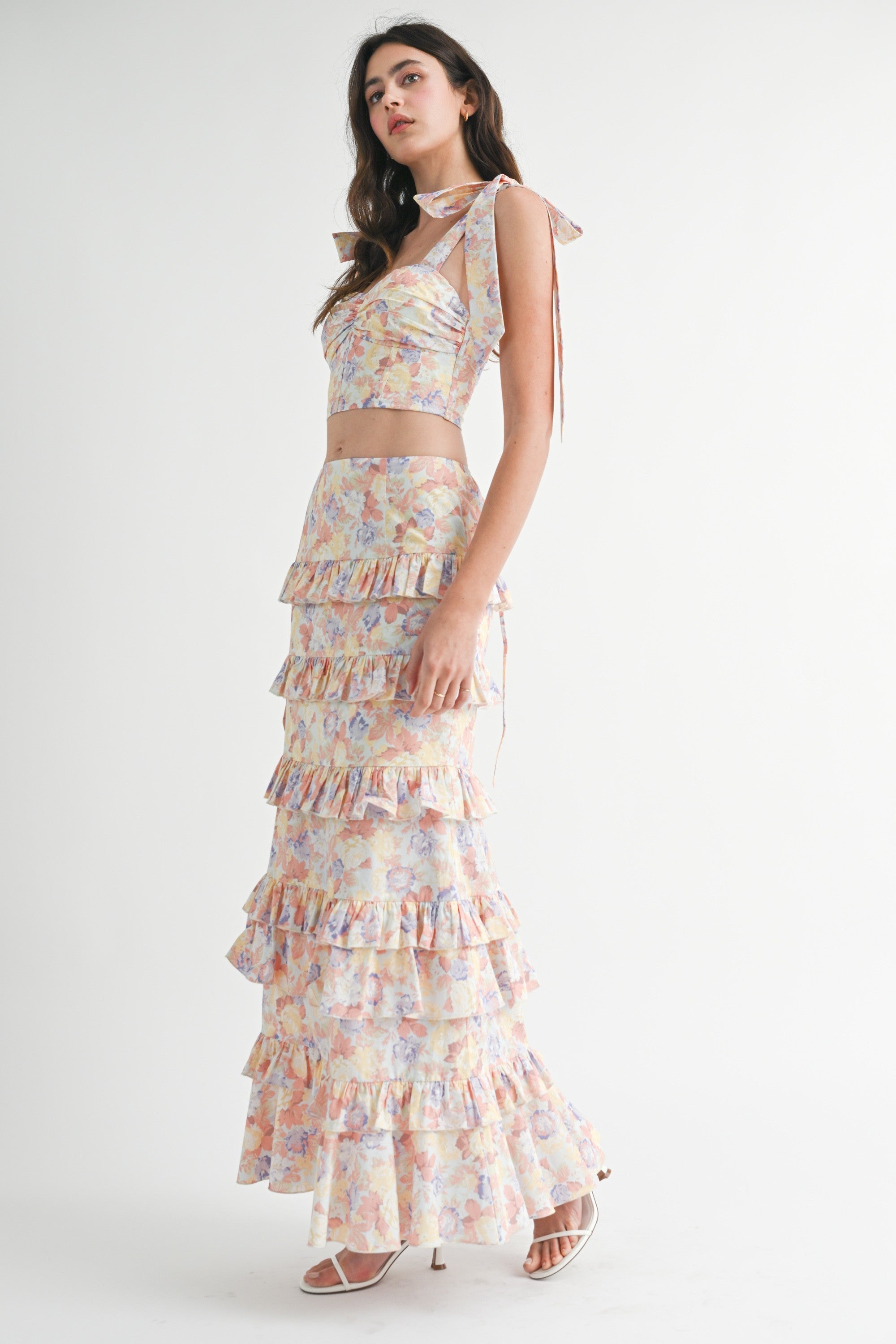 Coral Pink Floral Ruffle Skirt Set