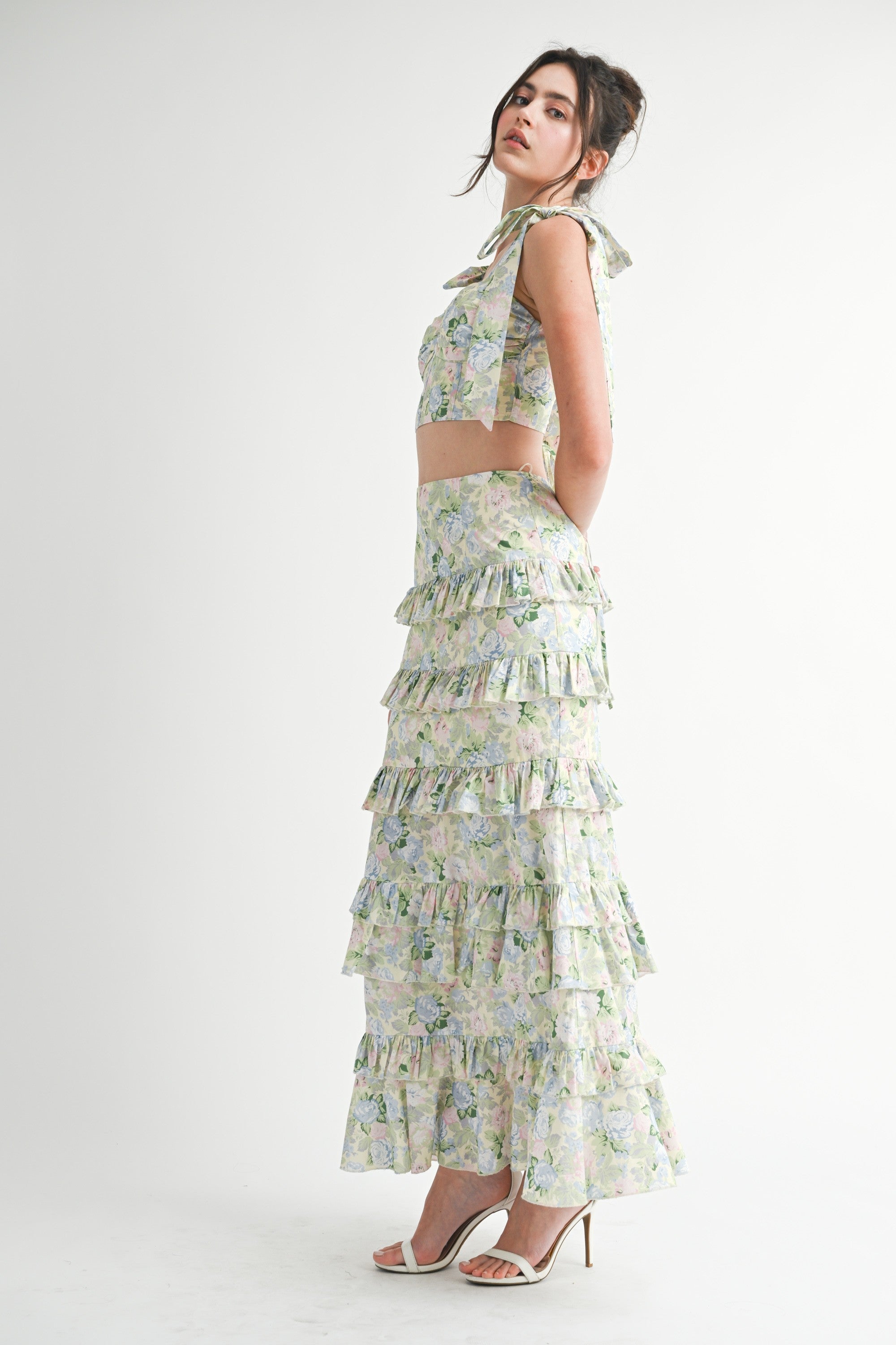 Green Floral Ruffle Skirt Set