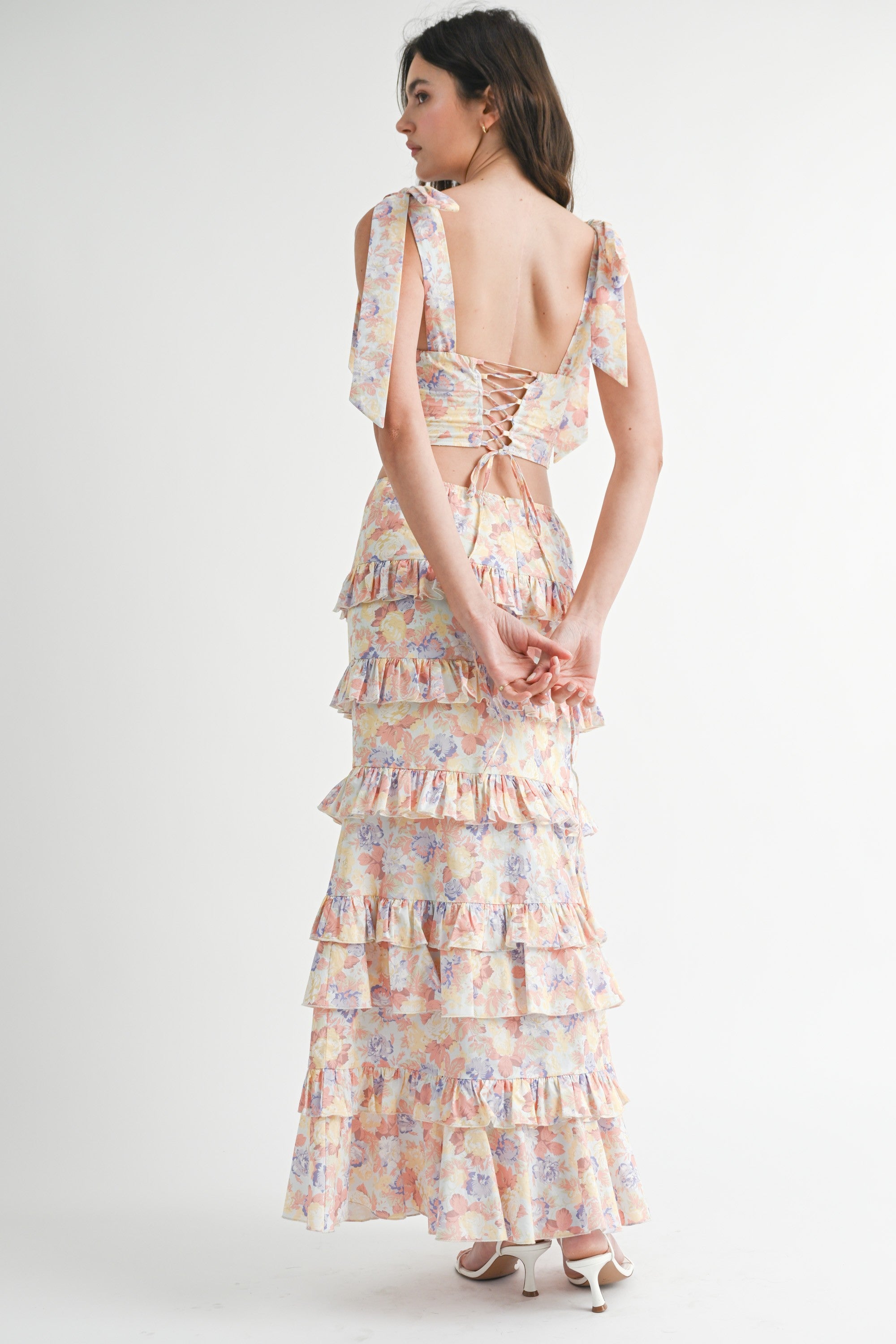 Coral Pink Floral Ruffle Skirt Set