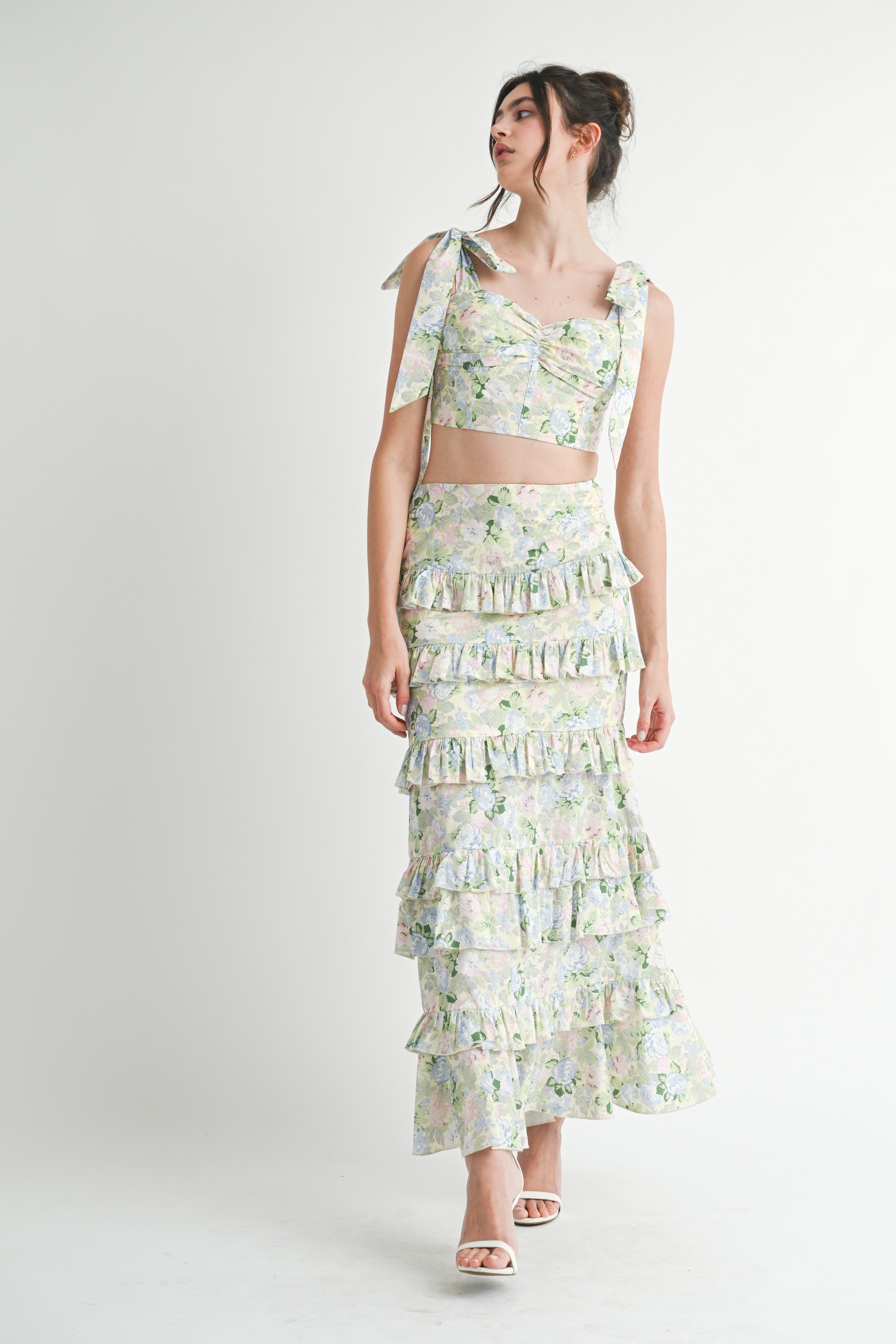 Green Floral Ruffle Skirt Set