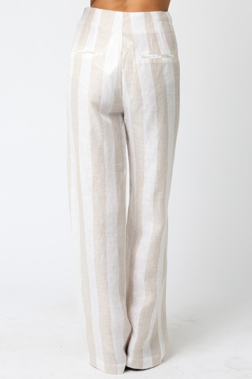 White & Tan Stripe Linen Pant