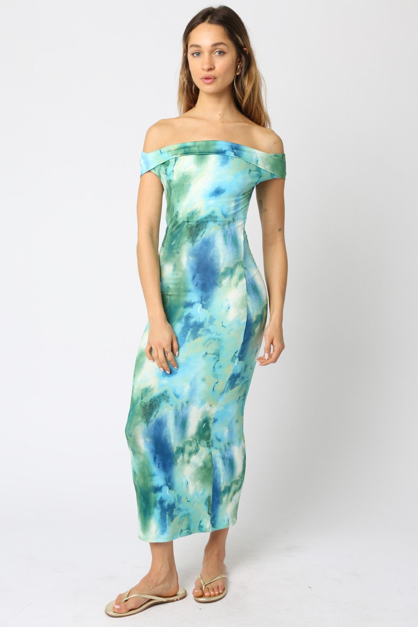 Blue & Green Print Maxi Dress