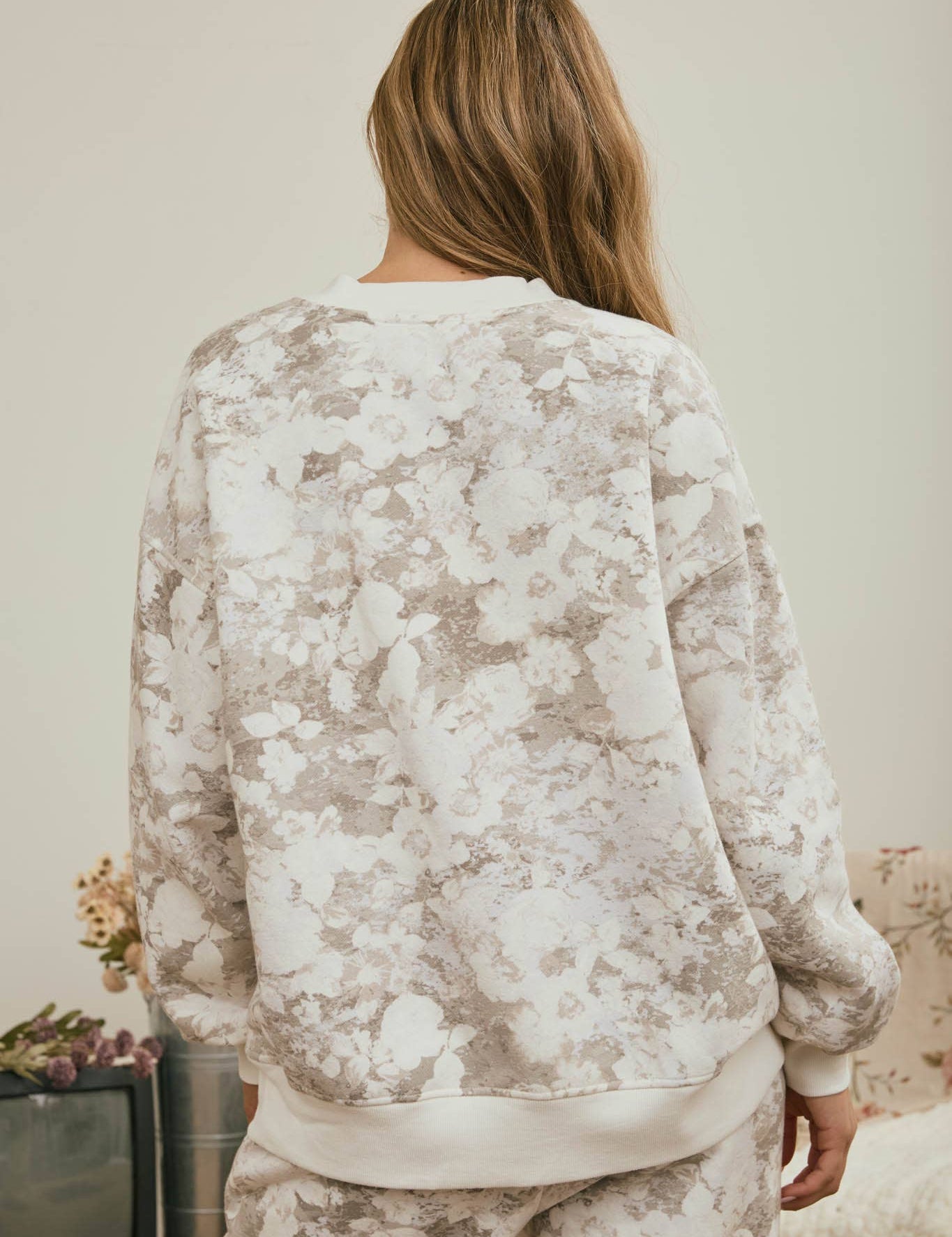 Cream Floral Knit Top & Pants Set showing color: ivory and taupe floral wash print