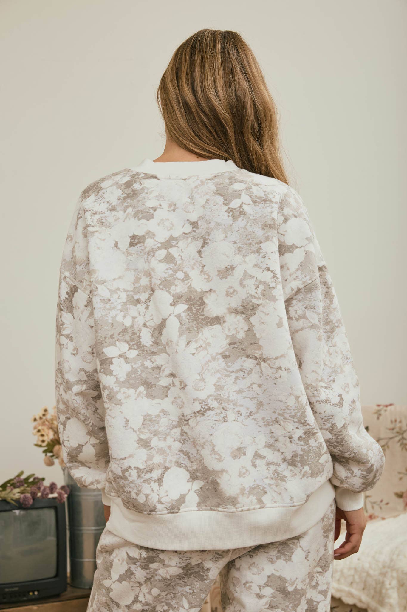 Cream Floral Knit Top & Pants Set showing color: ivory and taupe floral wash print