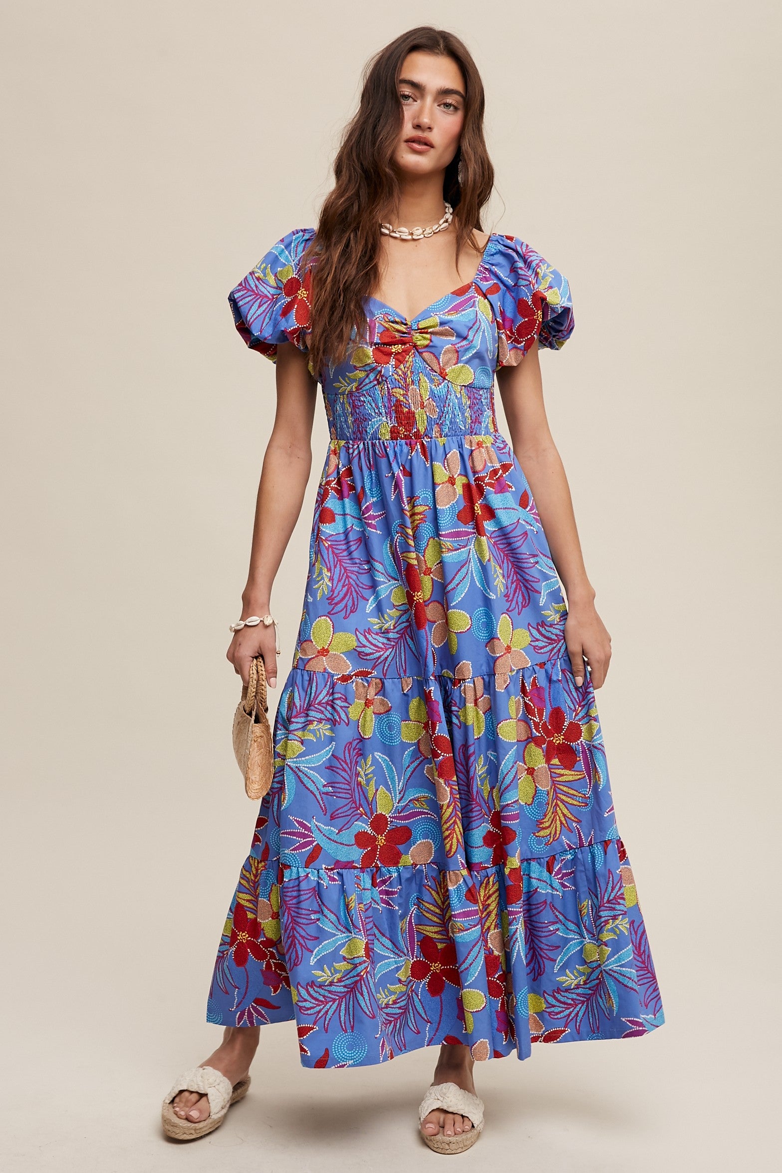 Blue Floral Puff Sleeve Maxi Dress