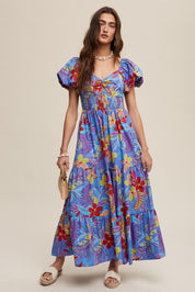 Blue Floral Puff Sleeve Maxi Dress