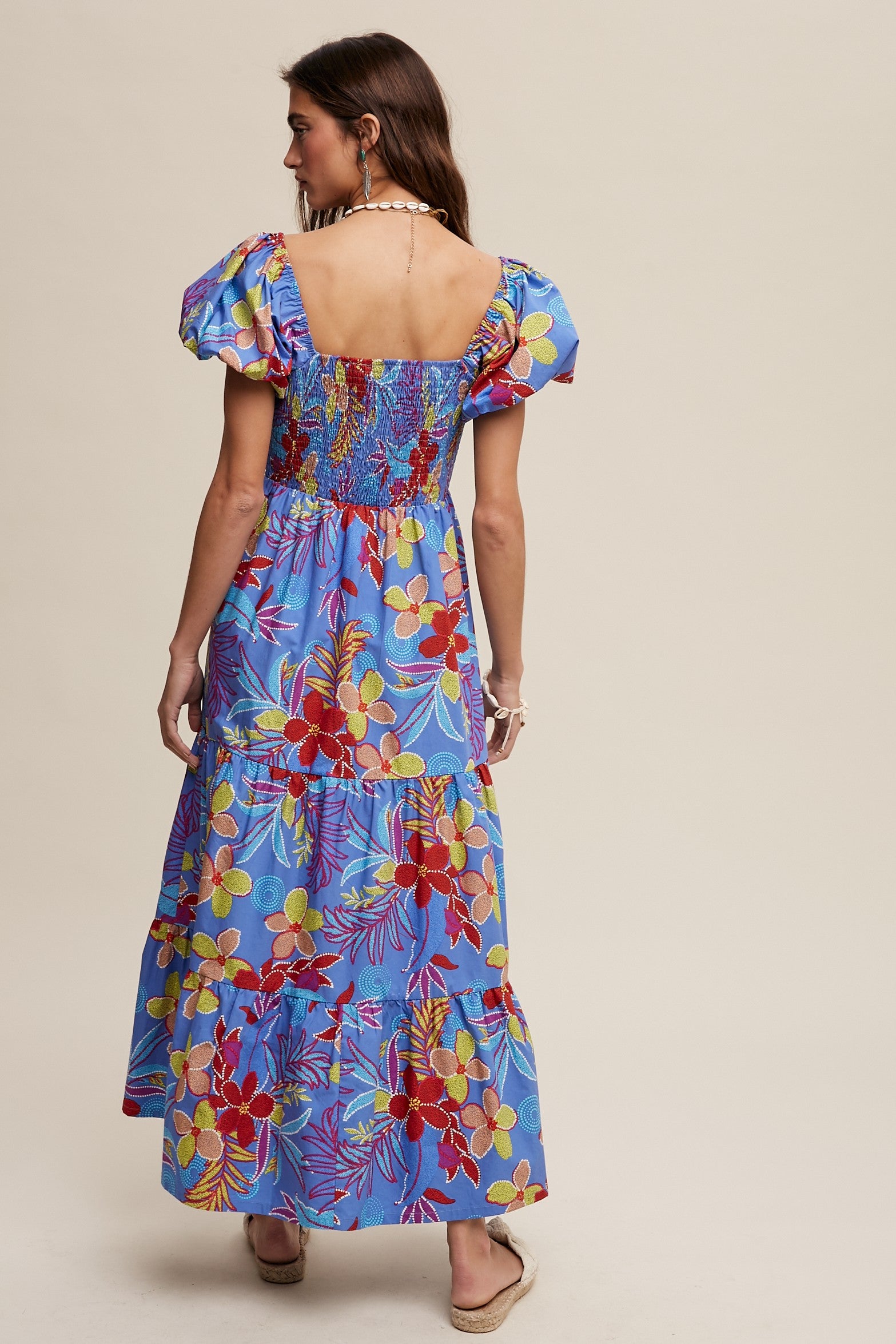 Blue Floral Puff Sleeve Maxi Dress