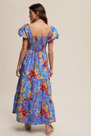 Blue Floral Puff Sleeve Maxi Dress
