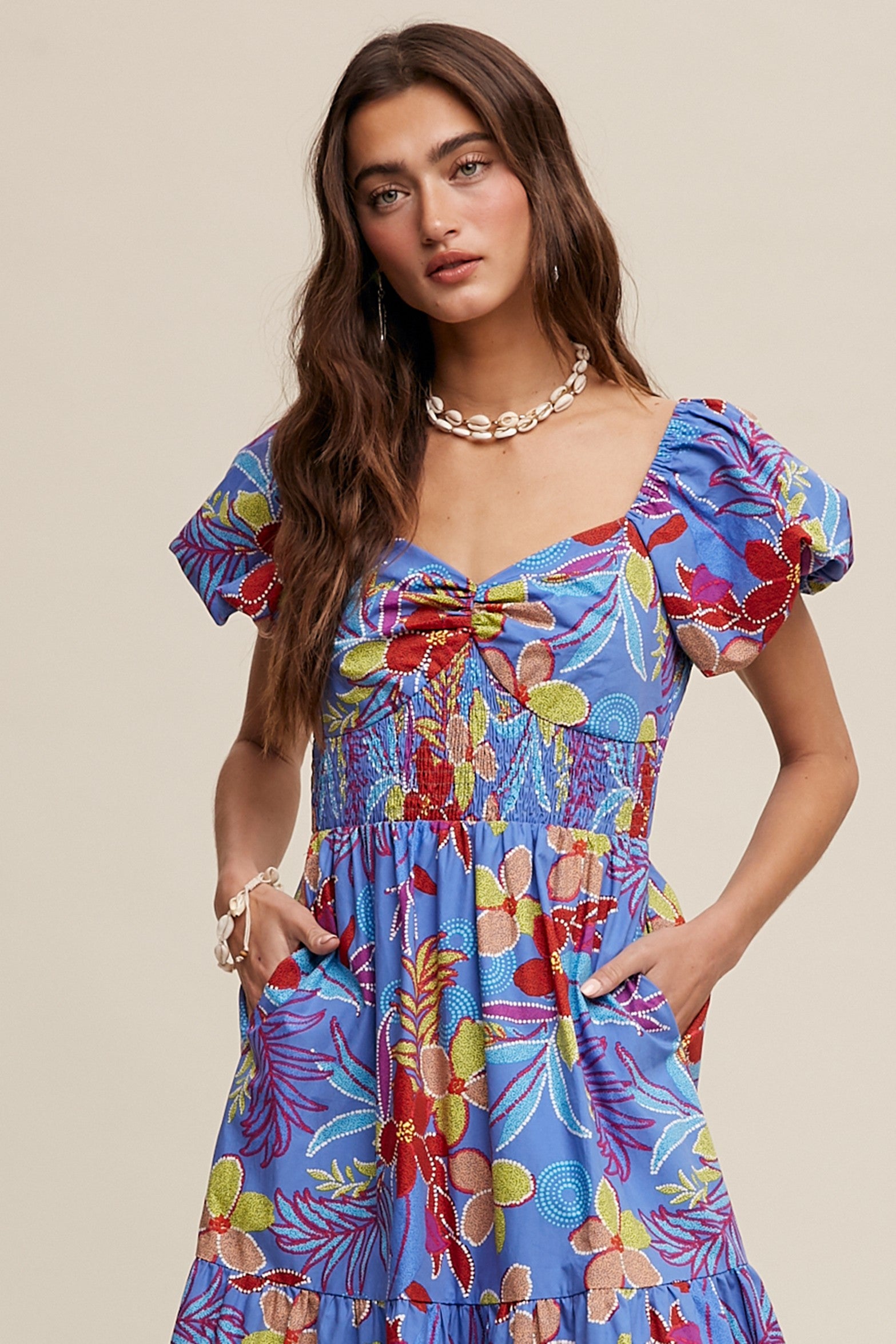 Blue Floral Puff Sleeve Maxi Dress